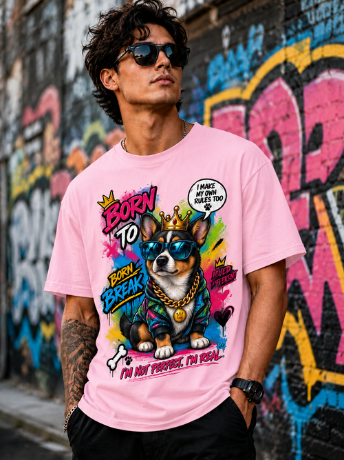 Born to Break the Rules Corgi Graphic T-Shirt – Azalea Pink Streetwear Tee unisex