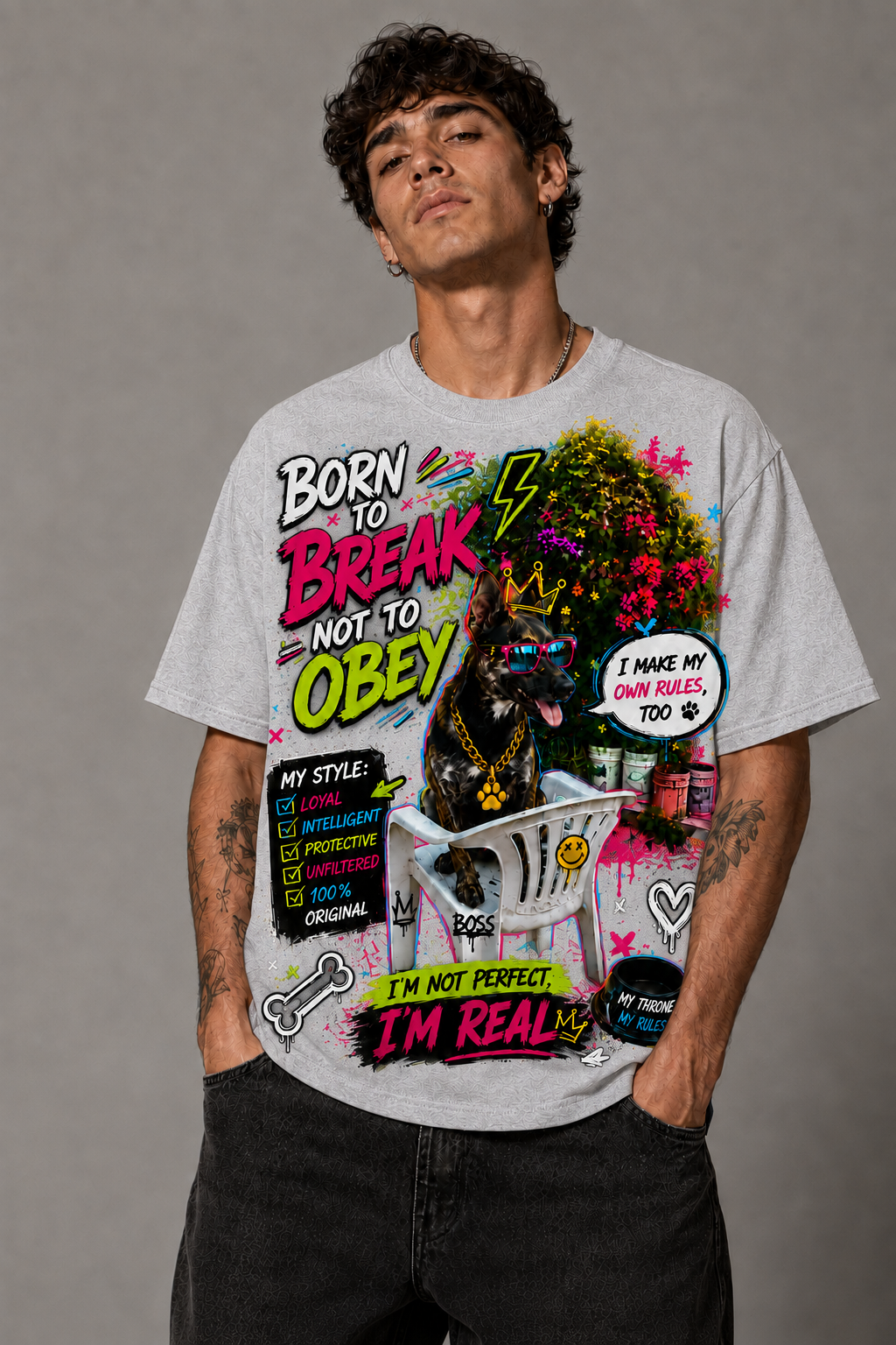 Born to Break, Not to Obey Graphic T-Shirt – Bold Dog Streetwear Tee unisex