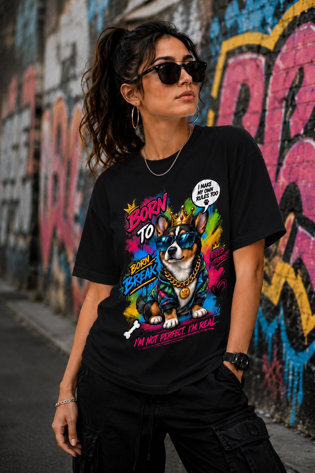 Born to Break the Rules Corgi Graphic T-Shirt – Azalea Pink Streetwear Tee unisex
