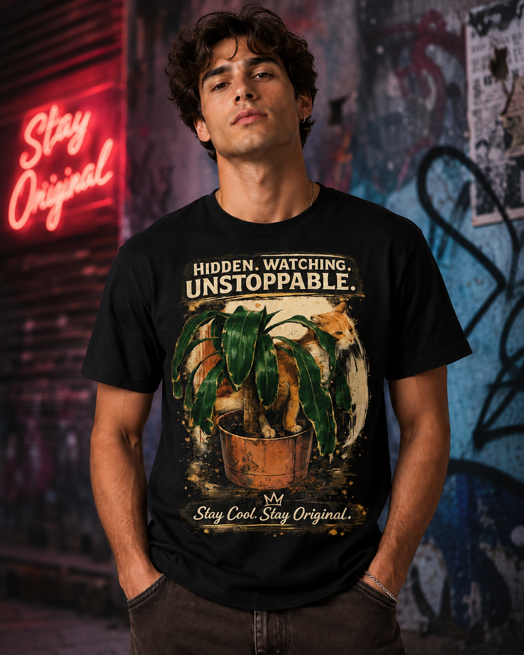 Hidden Watching Unstoppable Cat & Plant Graphic T-Shirt – Stay Cool Stay Original unisex