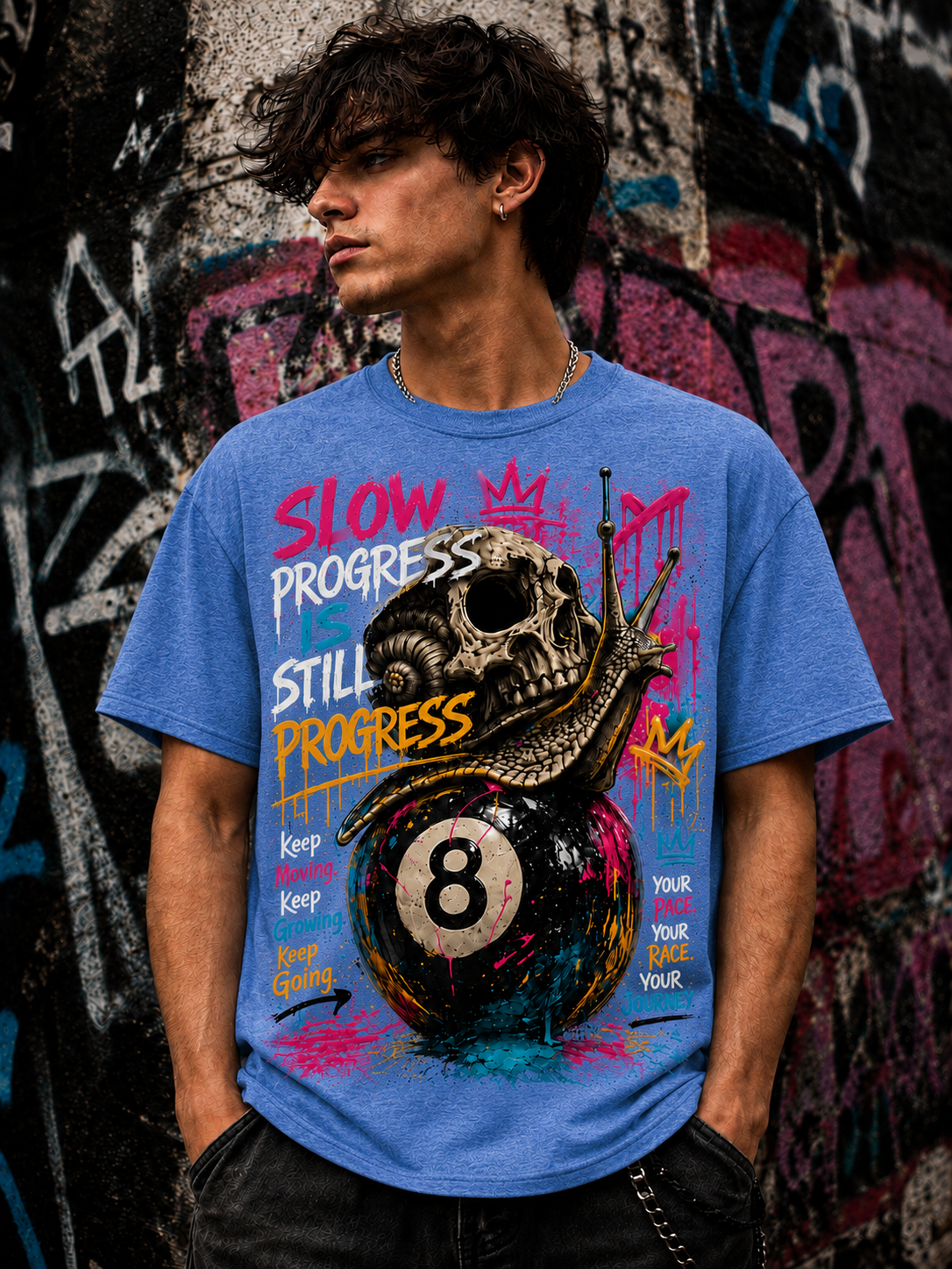 Slow Progress Is Still Progress – Skull & Snail 8 Ball Graphic Tee | Unisex T-Shirt
