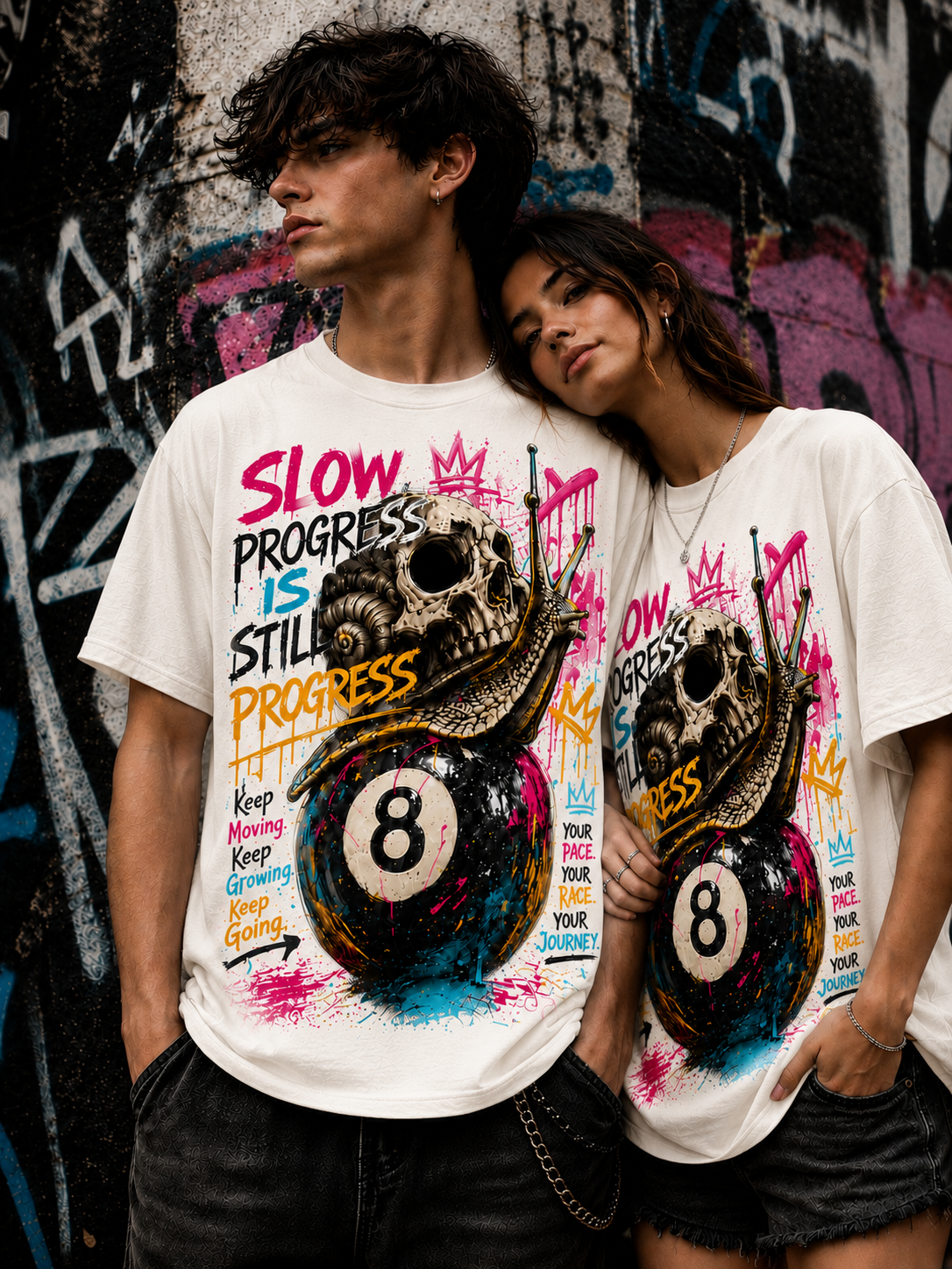 Slow Progress Is Still Progress – Skull & Snail 8 Ball Graphic Tee | Unisex T-Shirt