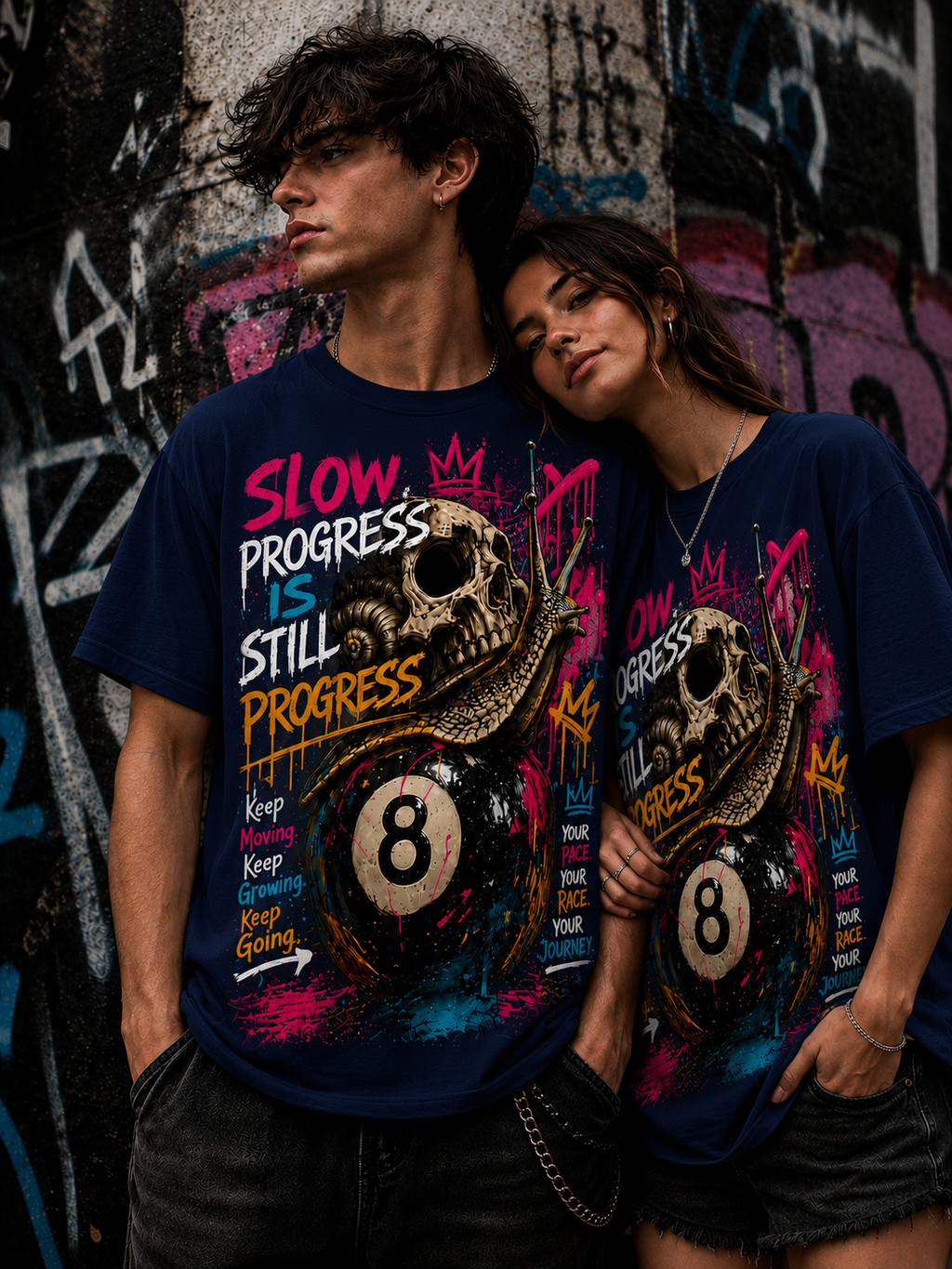 Slow Progress Is Still Progress – Skull & Snail 8 Ball Graphic Tee | Unisex T-Shirt