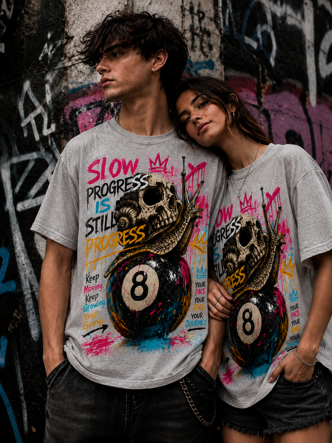 Slow Progress Is Still Progress – Skull & Snail 8 Ball Graphic Tee | Unisex T-Shirt