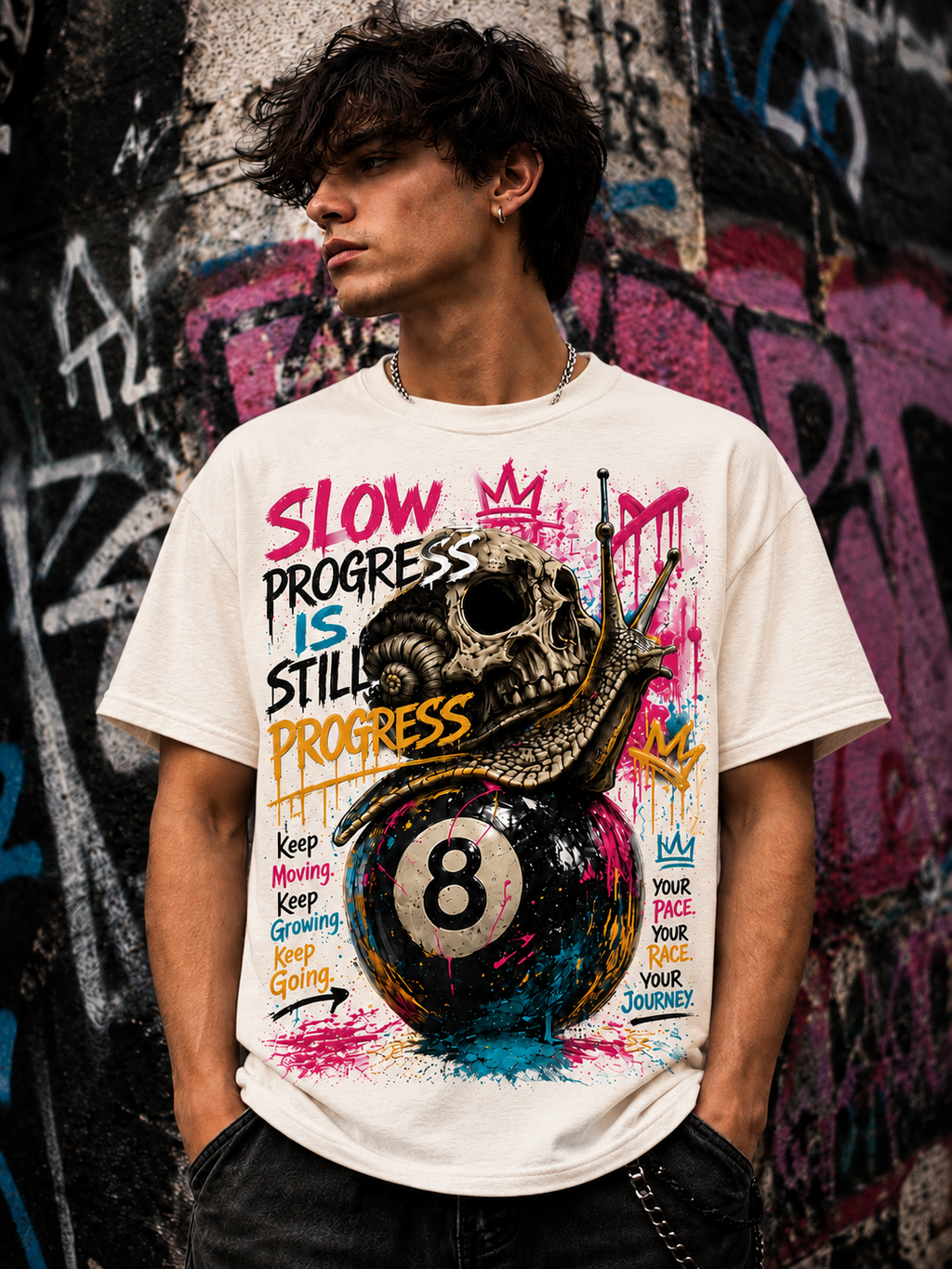 Slow Progress Is Still Progress – Skull & Snail 8 Ball Graphic Tee | Unisex T-Shirt