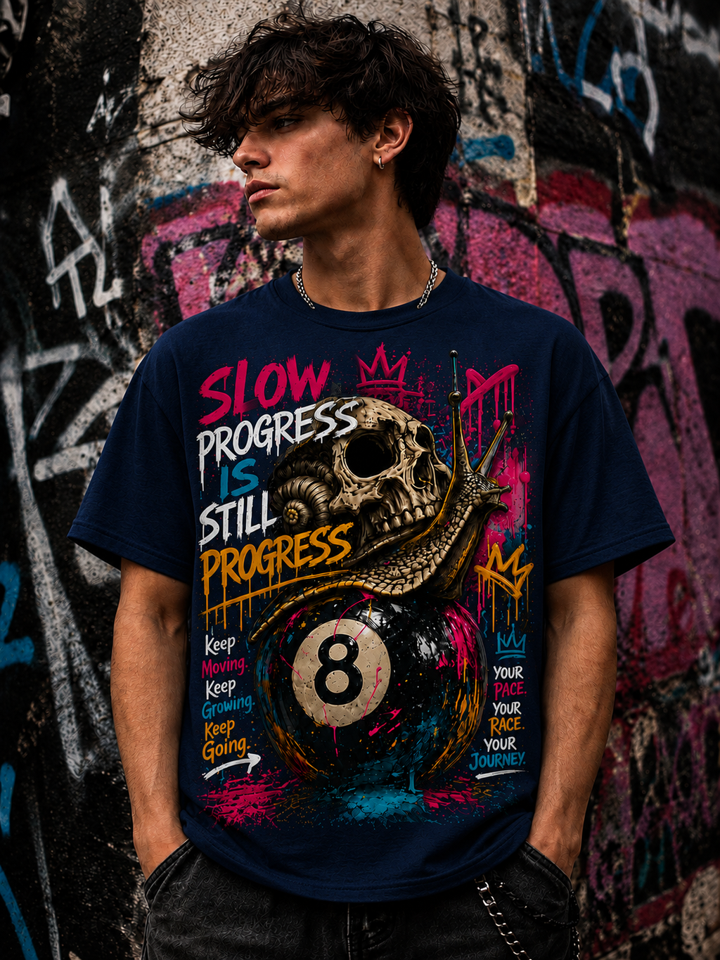 Slow Progress Is Still Progress – Skull & Snail 8 Ball Graphic Tee | Unisex T-Shirt
