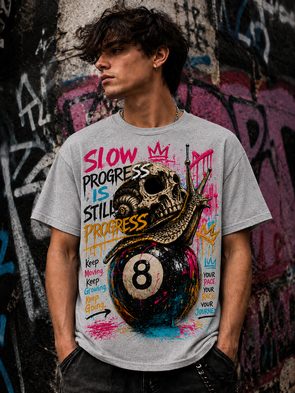 Slow Progress Is Still Progress – Skull & Snail 8 Ball Graphic Tee | Unisex T-Shirt