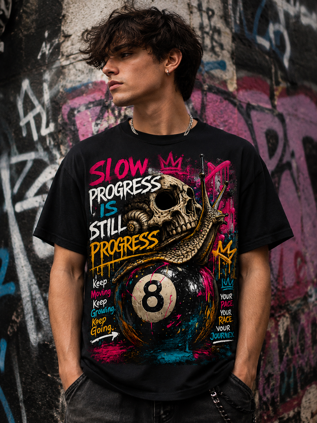 Slow Progress Is Still Progress – Skull & Snail 8 Ball Graphic Tee | Unisex T-Shirt