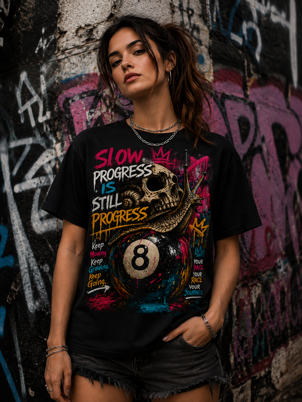 Slow Progress Is Still Progress – Skull & Snail 8 Ball Graphic Tee | Unisex T-Shirt
