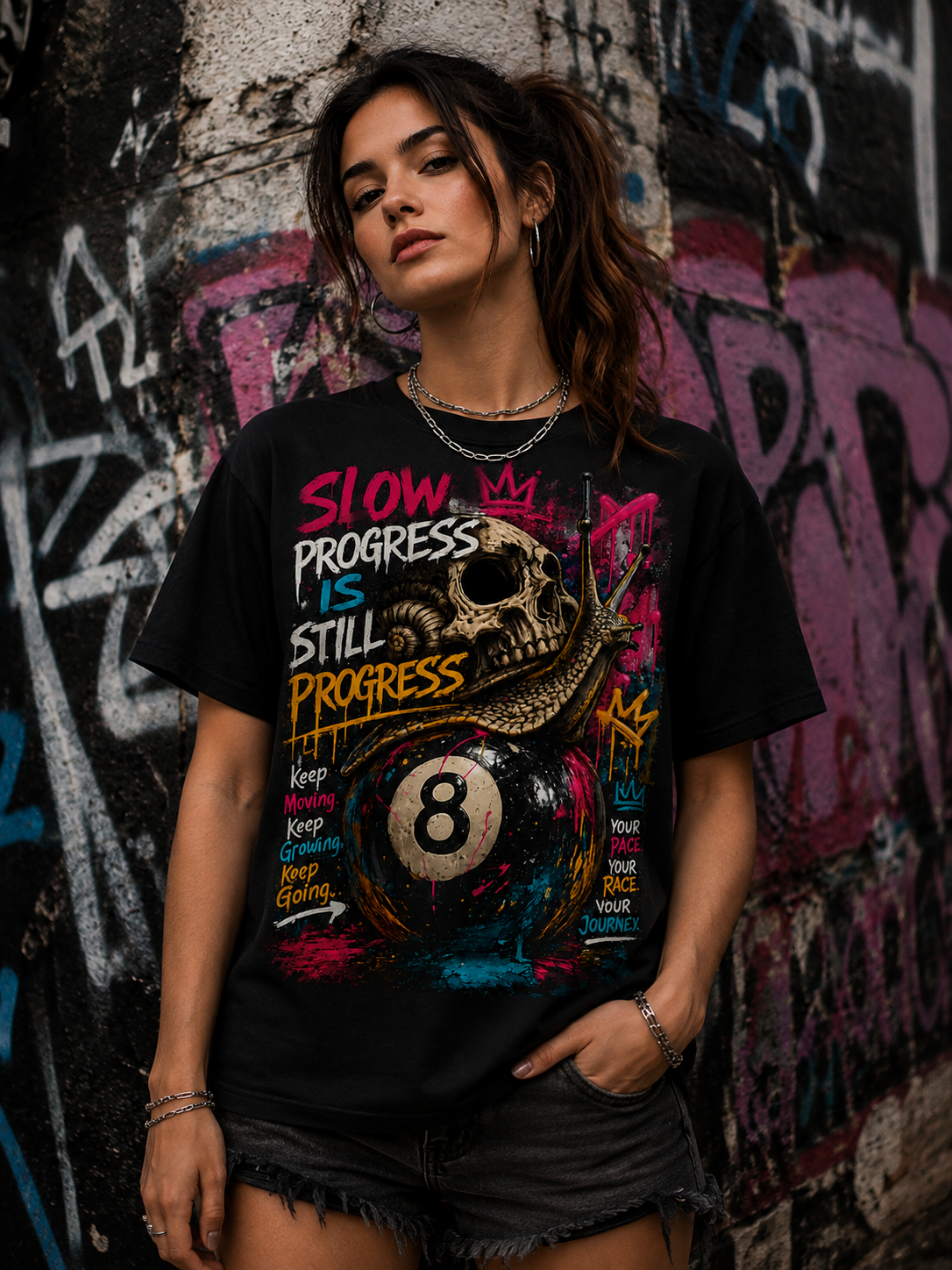 Slow Progress Is Still Progress – Skull & Snail 8 Ball Graphic Tee | Unisex T-Shirt