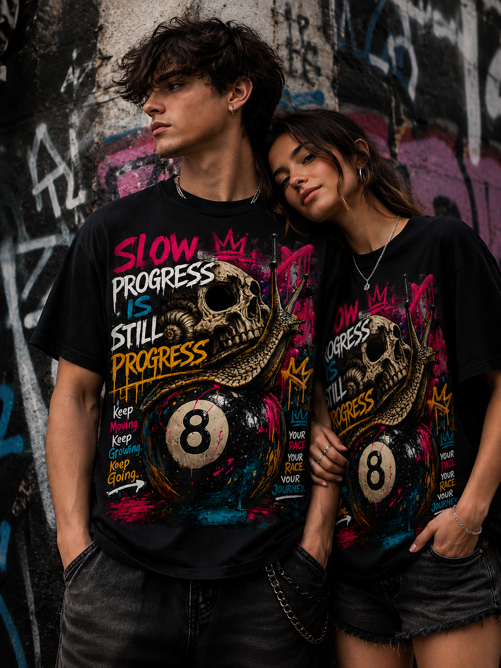 Slow Progress Is Still Progress – Skull & Snail 8 Ball Graphic Tee | Unisex T-Shirt
