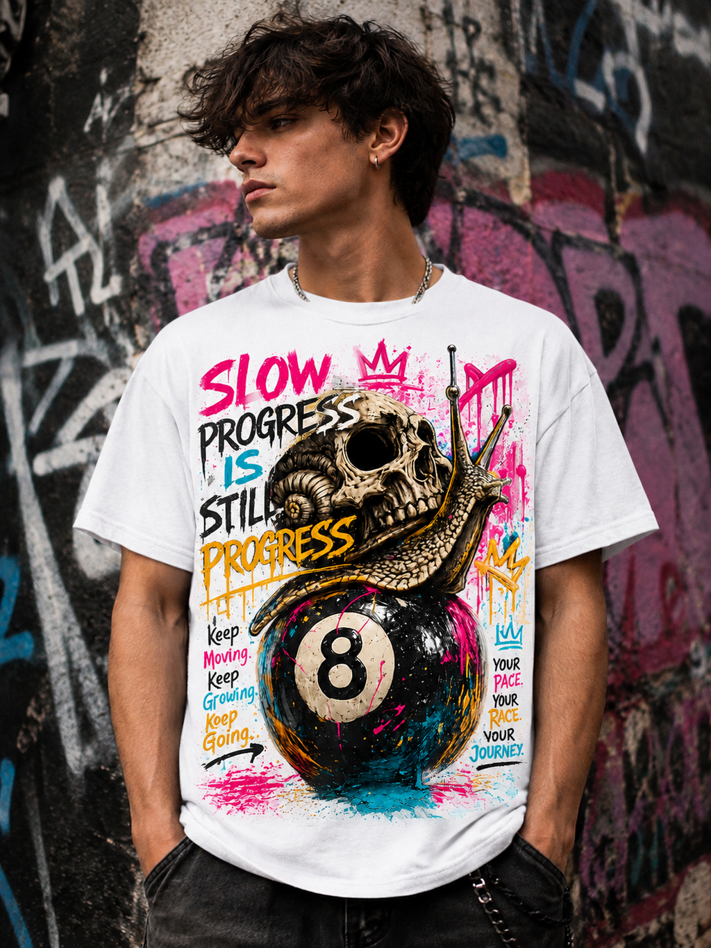 Slow Progress Is Still Progress – Skull & Snail 8 Ball Graphic Tee | Unisex T-Shirt
