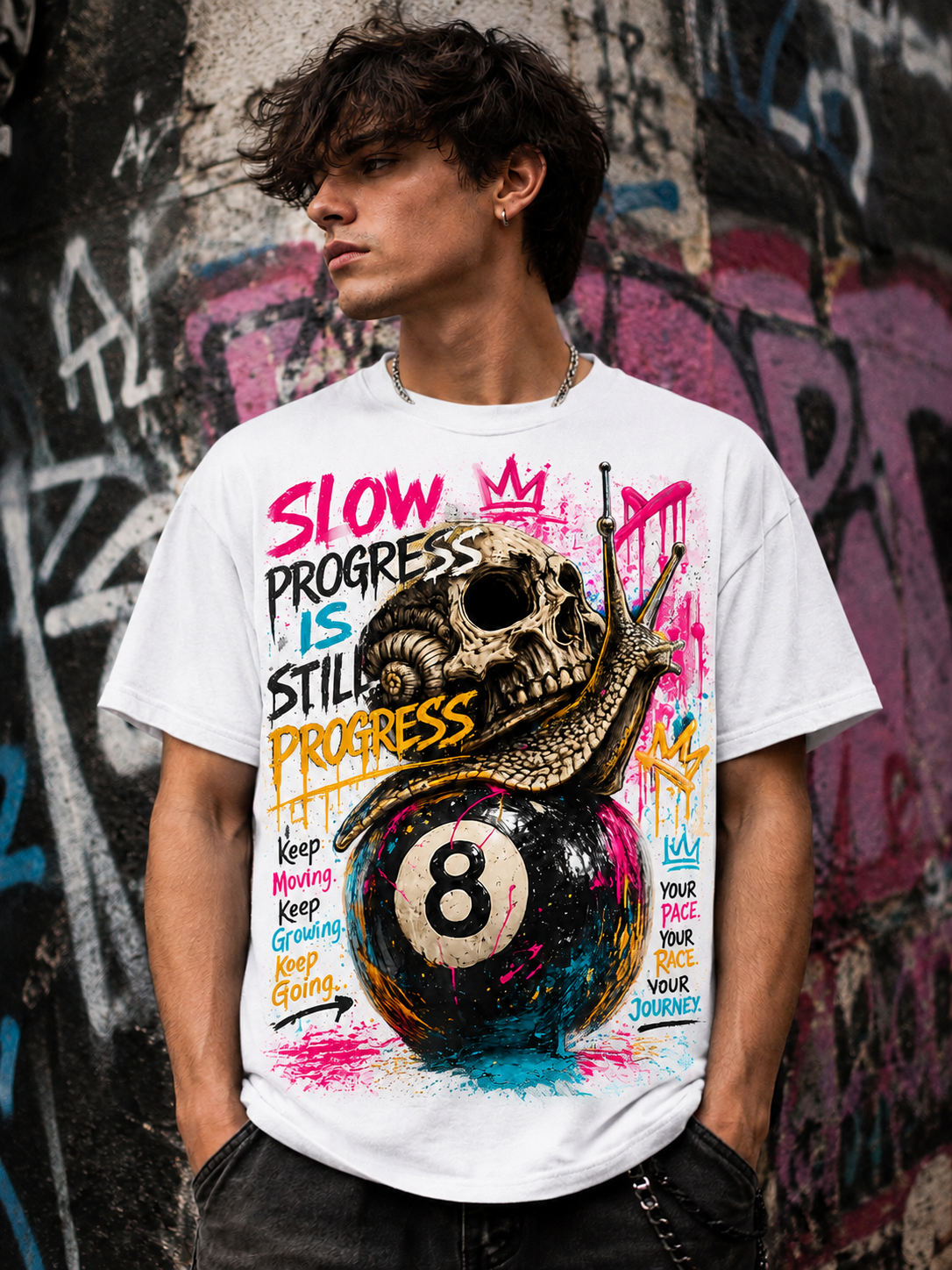 Slow Progress Is Still Progress – Skull & Snail 8 Ball Graphic Tee | Unisex T-Shirt