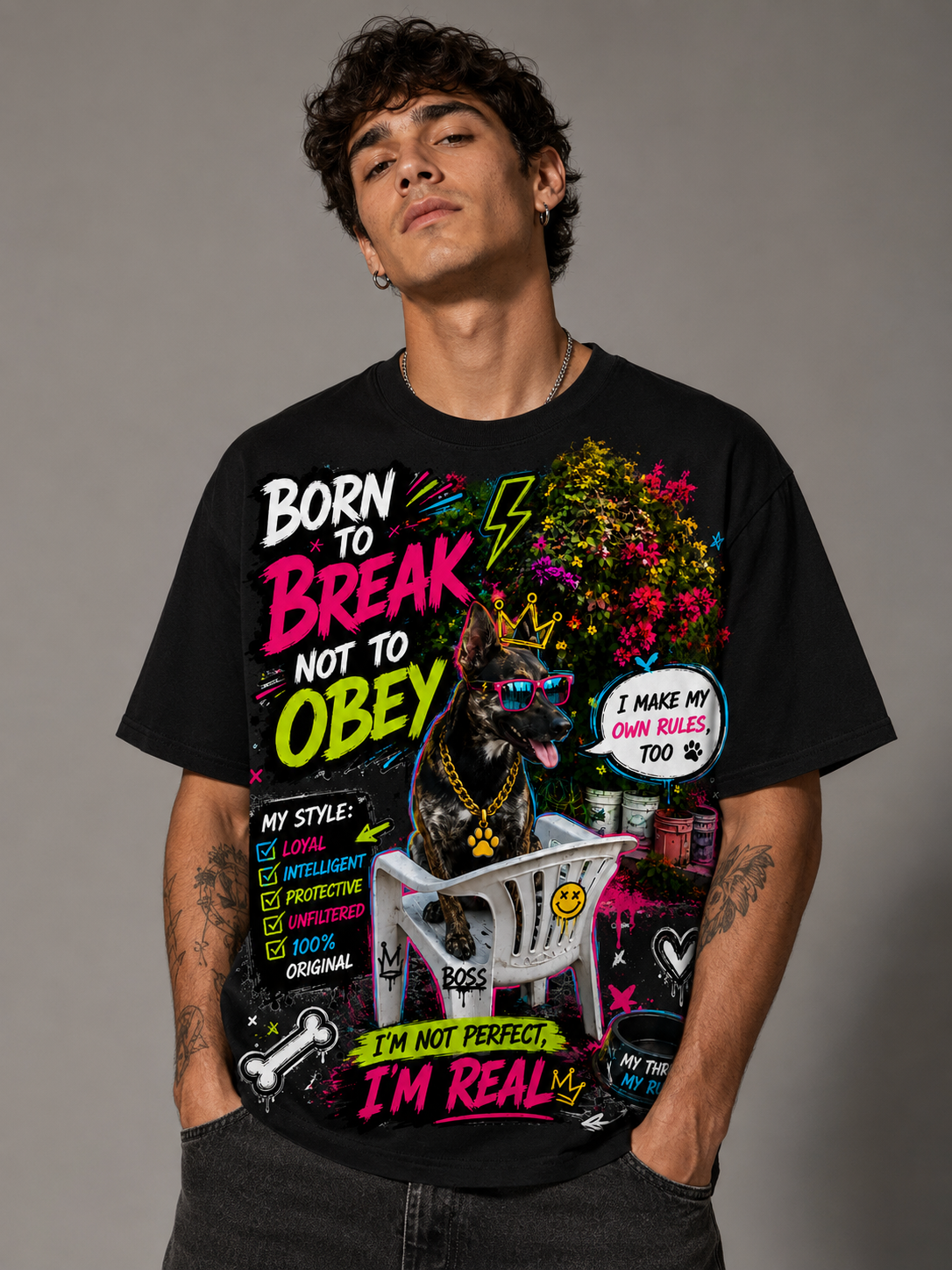 Born to Break, Not to Obey Graphic T-Shirt – Bold Dog Streetwear Tee unisex
