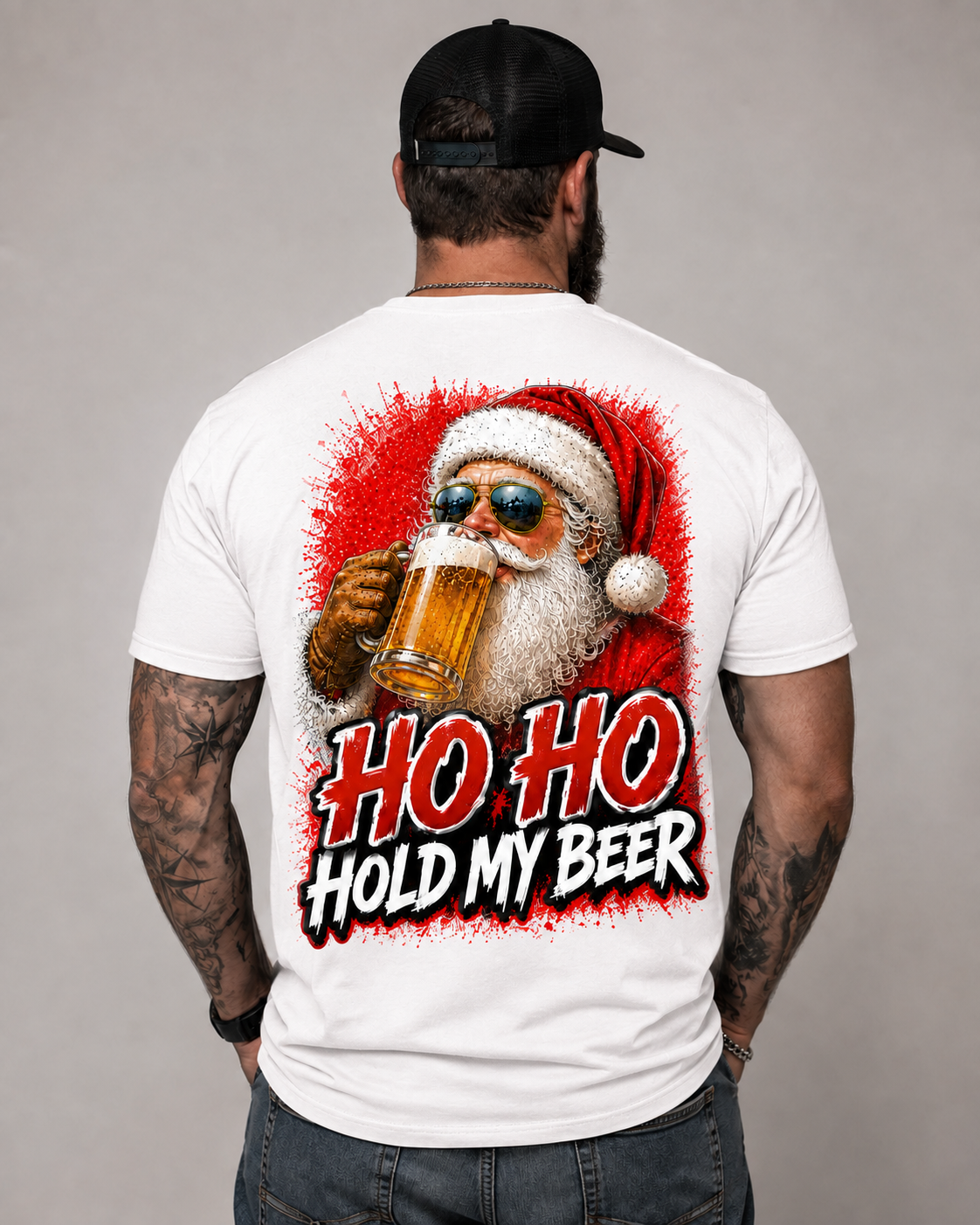 🎅🍺 Ho Ho Hold My Beer – Funny Christmas Santa Graphic T-Shirt