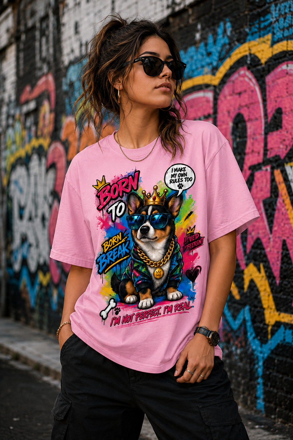 Born to Break the Rules Corgi Graphic T-Shirt – Azalea Pink Streetwear Tee unisex