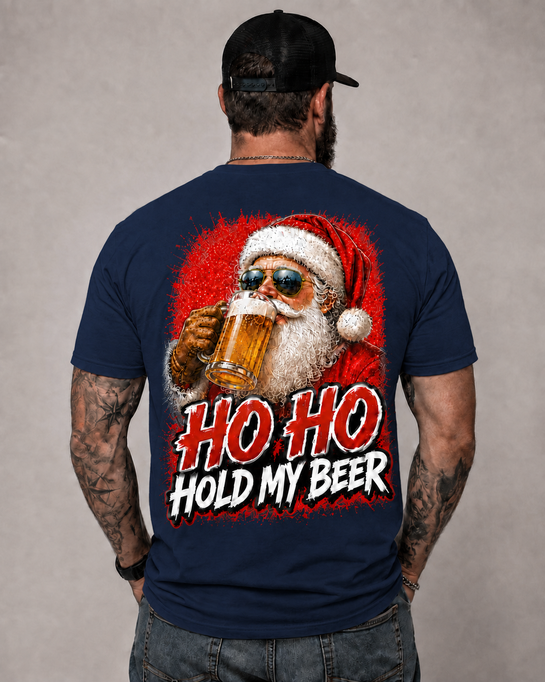 🎅🍺 Ho Ho Hold My Beer – Funny Christmas Santa Graphic T-Shirt