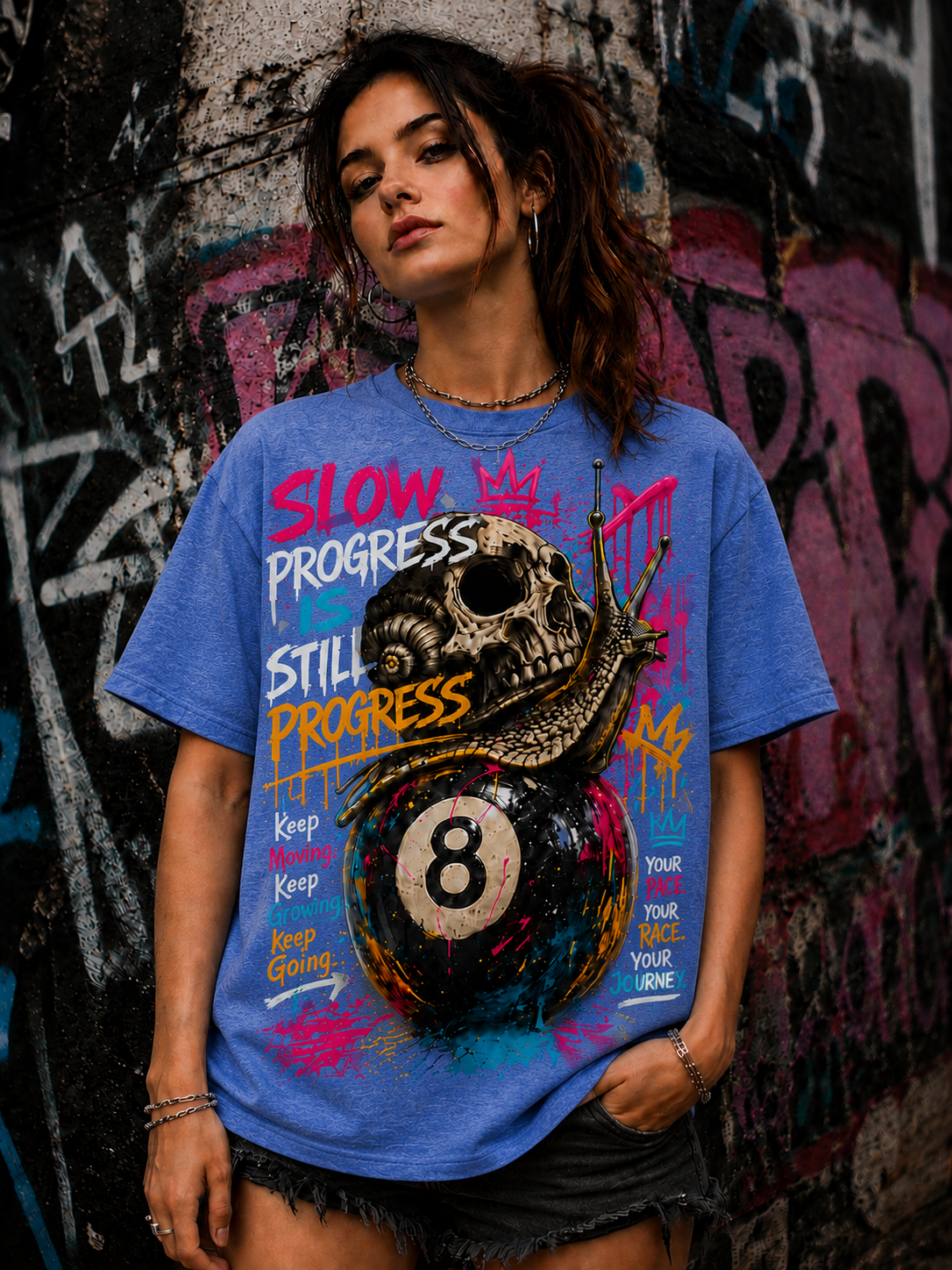Slow Progress Is Still Progress – Skull & Snail 8 Ball Graphic Tee | Unisex T-Shirt