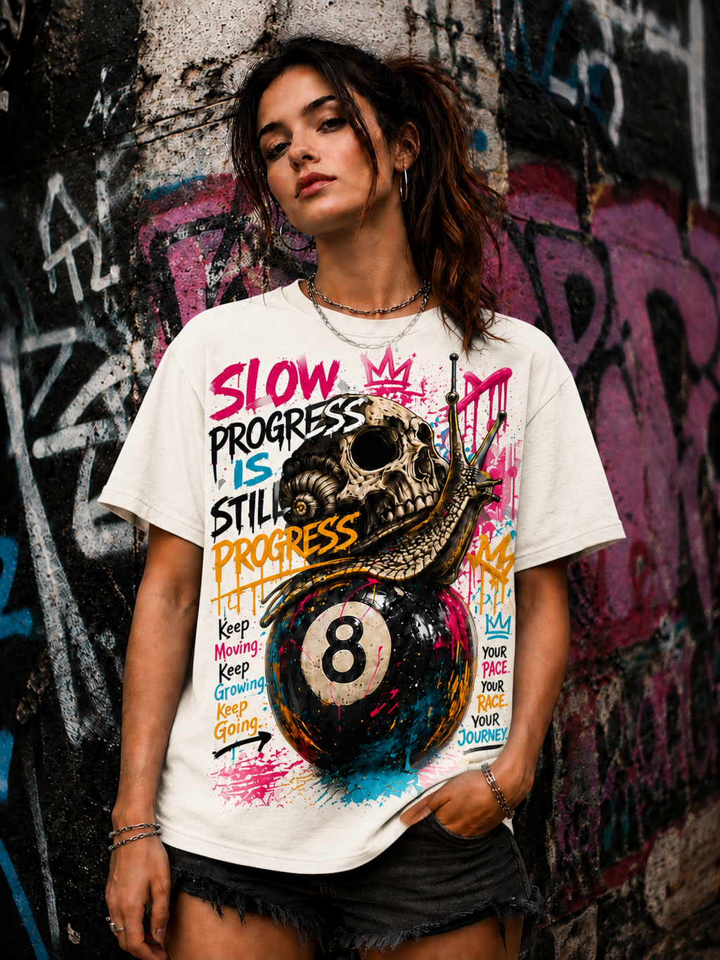 Slow Progress Is Still Progress – Skull & Snail 8 Ball Graphic Tee | Unisex T-Shirt