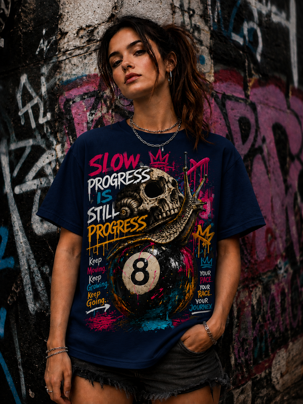 Slow Progress Is Still Progress – Skull & Snail 8 Ball Graphic Tee | Unisex T-Shirt