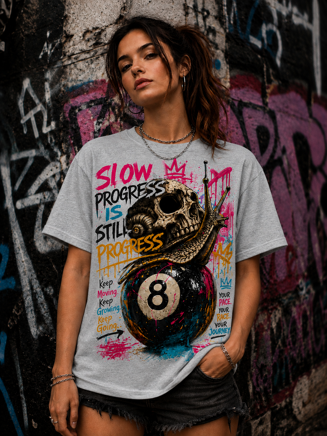 Slow Progress Is Still Progress – Skull & Snail 8 Ball Graphic Tee | Unisex T-Shirt