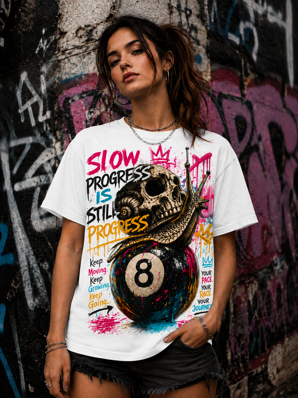 Slow Progress Is Still Progress – Skull & Snail 8 Ball Graphic Tee | Unisex T-Shirt